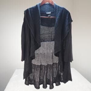 Minimalist Goth Black Linen Crochet Sweater Womens 26 28 Lagenlook Dark Academia